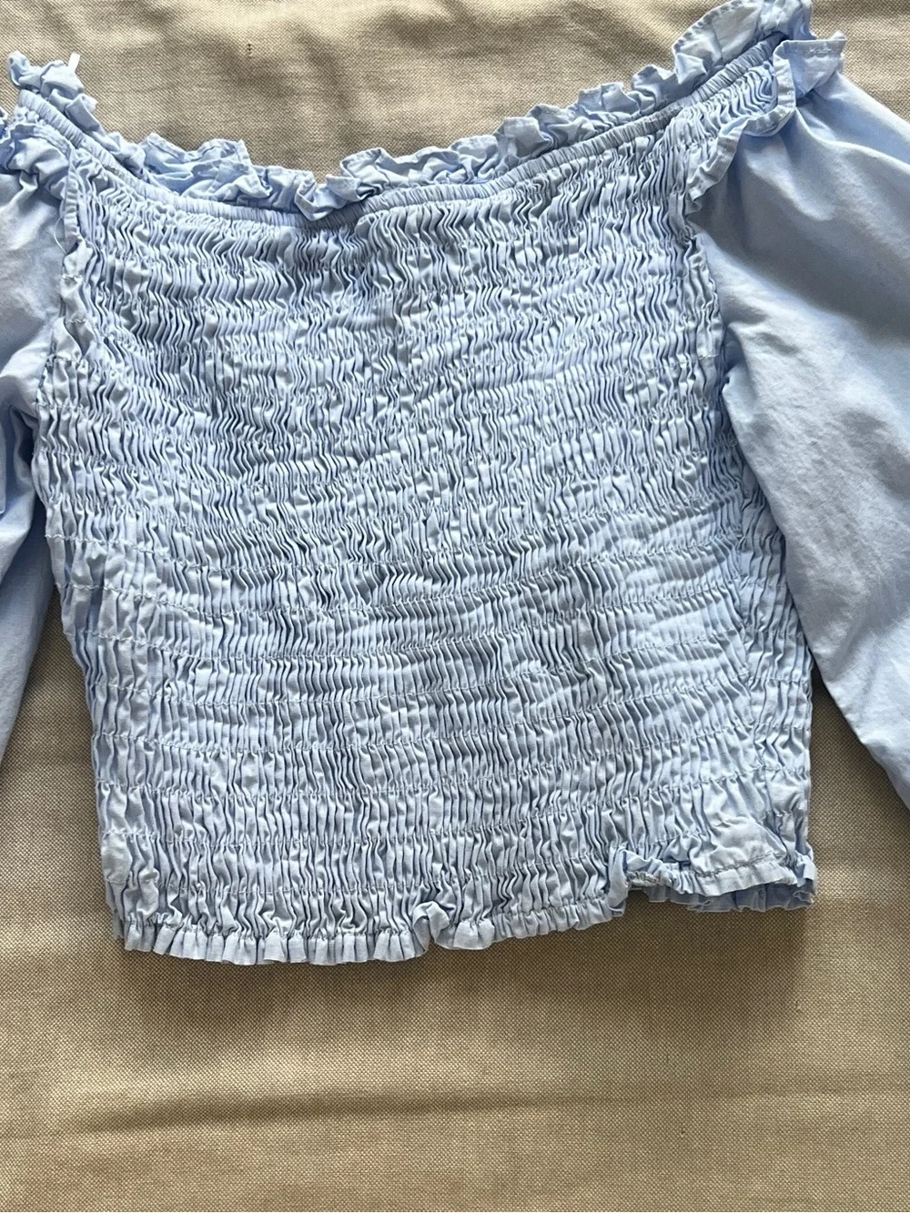 Zara Powder light Blue Smocked Off-Shoulder Ruffle Blouse - size XS